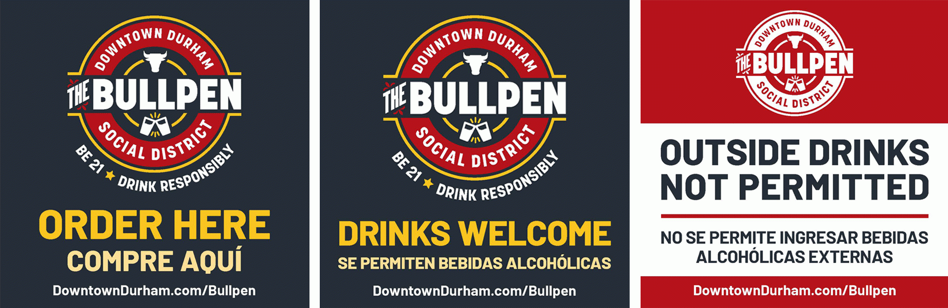 Window clings indicating participating and non-participating businesses in Durham's social district, The Bullpen.