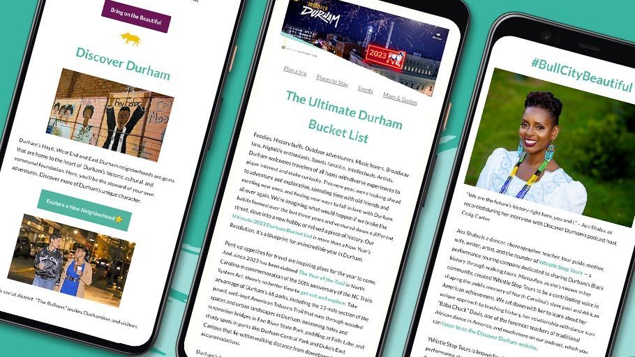 A preview of sections of the Durham Bull-etin newsletter displayed on phone screens